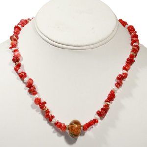 Red Coral & Pearl Necklace Handcrafted Rhinestone Accents